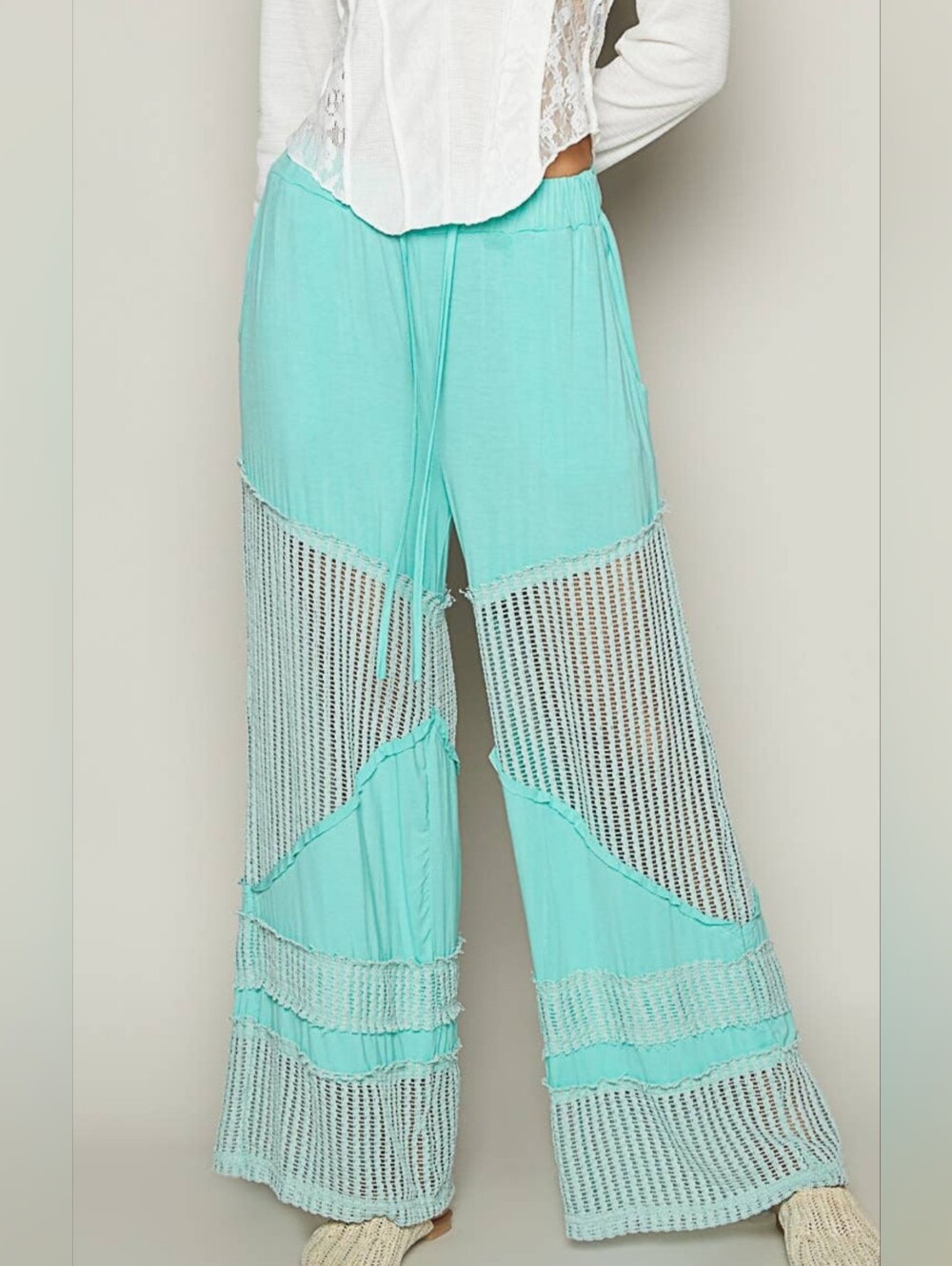 POL Mint Aqua Crochet Wide-Leg Pants